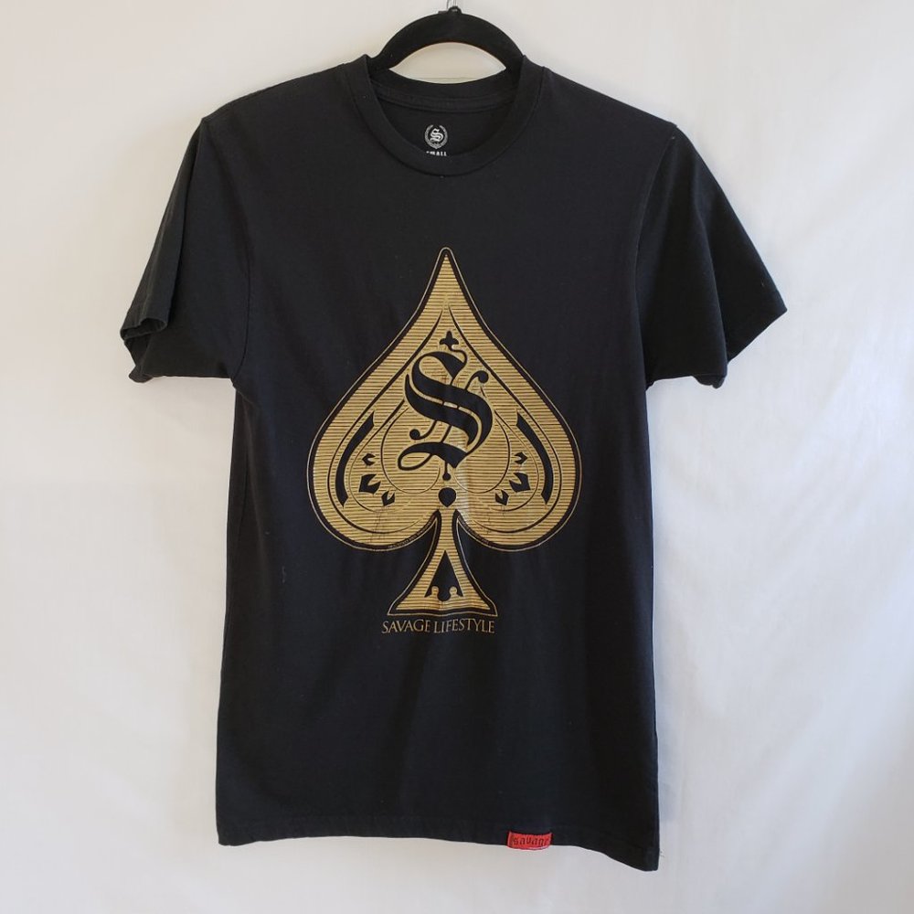 Savage T-Shirt Unisex Size Small Black Short Sleeve Gold Graphic Logo Design